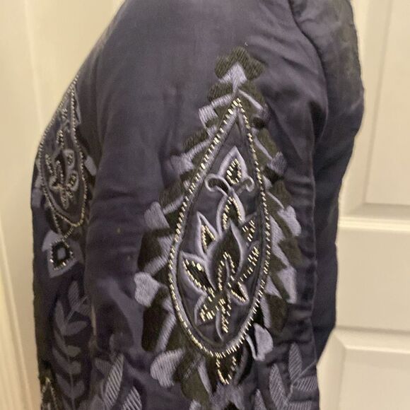 Parker Navy Blue silk Embroidered/beaded Women's bomber jacket , L - Picture 4 of 12